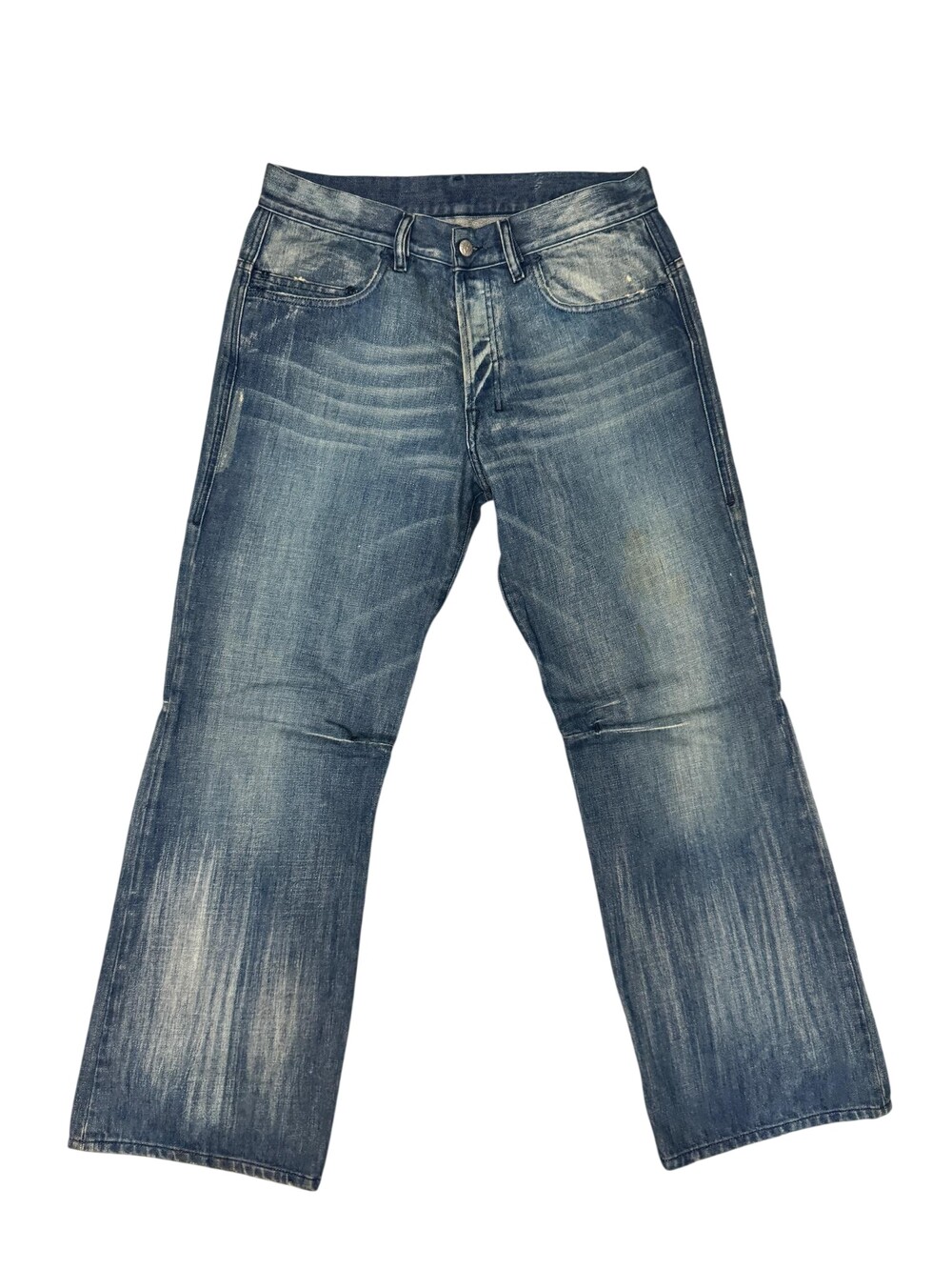 Diesel Mens 32x30 Blue Distressed Denim Straight Leg Whiskered Faded Medium Wash